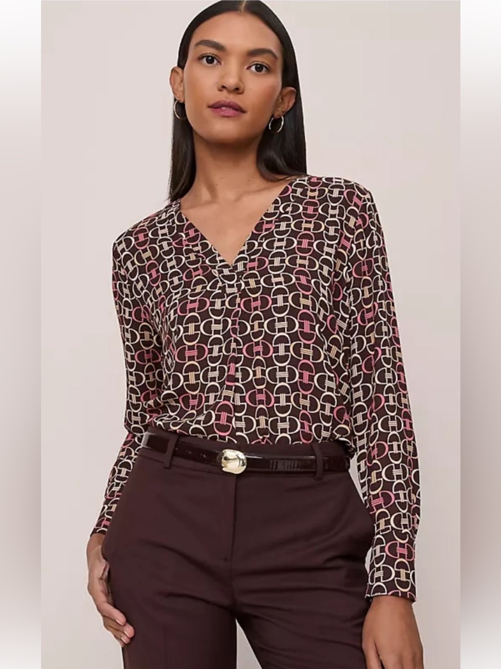Ann Taylor Long Sleeve Chain Link Mixed Media Pleat Front Top Size M